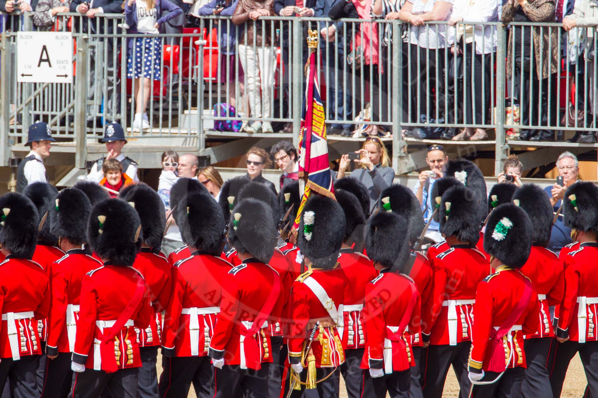 The Colonel's Review 2013: No. 1 Guard, the Escort to the Colour),1st Battalion Welsh Guards, with the Ensign carrting the Colour behind the lines of guardsmen, during the March Past..
Horse Guards Parade, Westminster,
London SW1,

United Kingdom,
on 08 June 2013 at 11:38, image #665