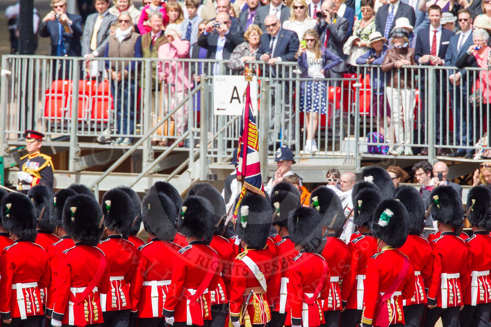 The Colonel's Review 2013: No. 1 Guard, the Escort to the Colour),1st Battalion Welsh Guards, with the Ensign carrting the Colour behind the lines of guardsmen, during the March Past..
Horse Guards Parade, Westminster,
London SW1,

United Kingdom,
on 08 June 2013 at 11:38, image #666