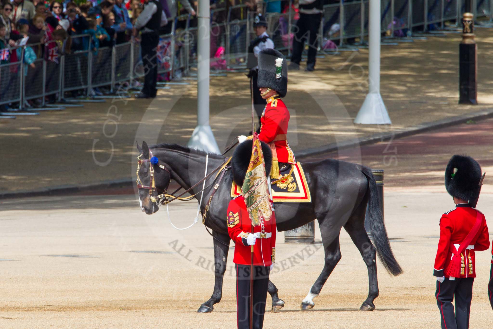 The Colonel's Review 2013: The Major of the Parade, Major H G C Bettinson, Welsh Guards, leading the guards as they change pace from slow march to quick march..
Horse Guards Parade, Westminster,
London SW1,

United Kingdom,
on 08 June 2013 at 11:38, image #667