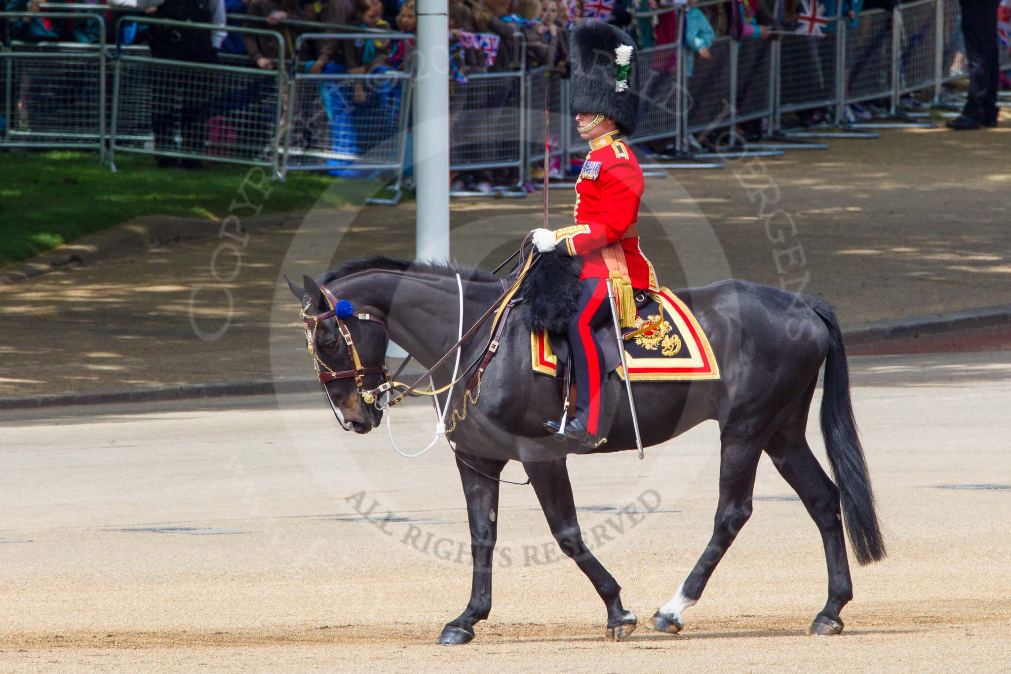 The Colonel's Review 2013: The Major of the Parade, Major H G C Bettinson, Welsh Guards, leading the guards as they change pace from slow march to quick march..
Horse Guards Parade, Westminster,
London SW1,

United Kingdom,
on 08 June 2013 at 11:38, image #668