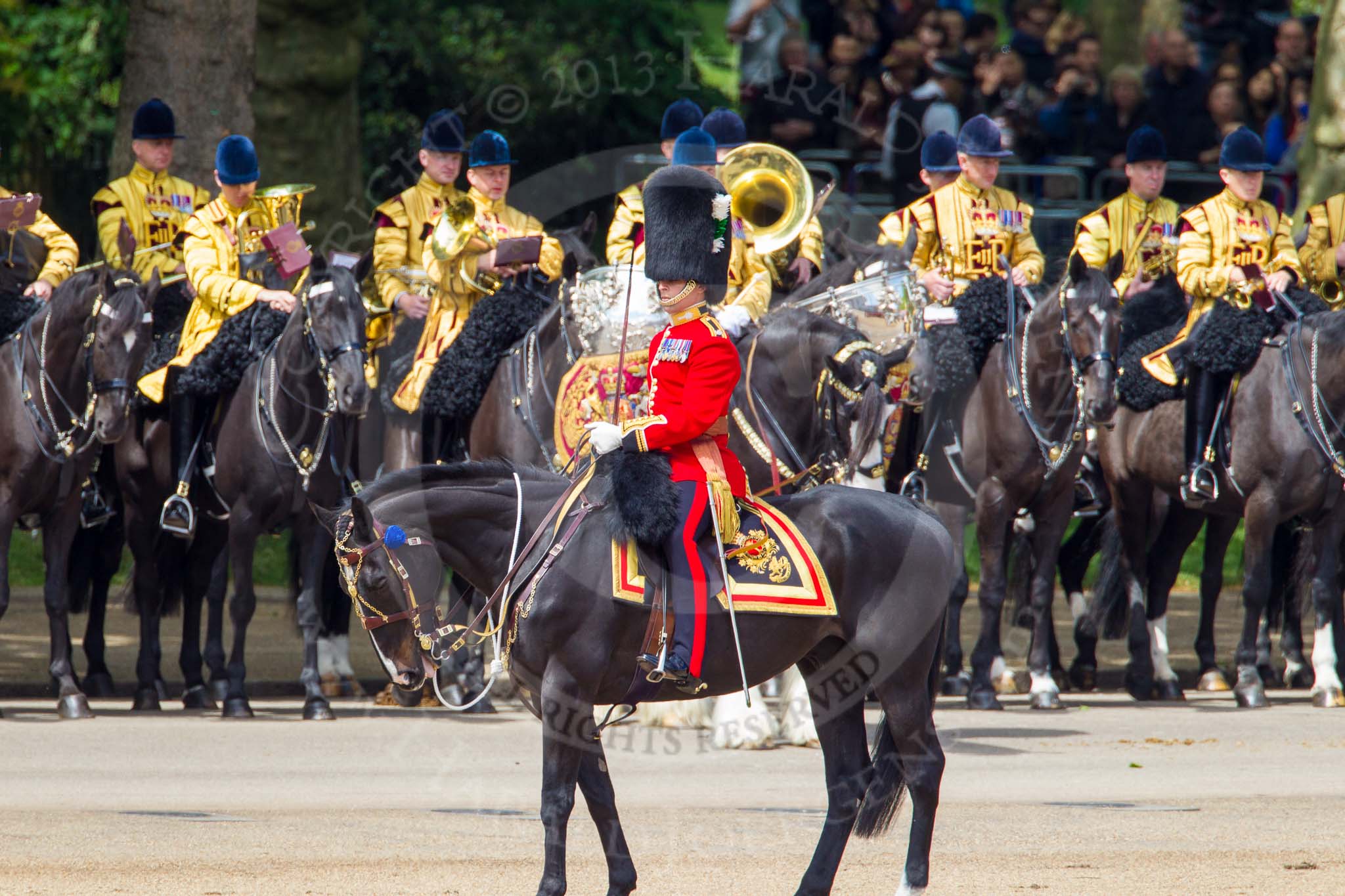 The Colonel's Review 2013: The Major of the Parade, Major H G C Bettinson, Welsh Guards, leading the guards as they change pace from slow march to quick march..
Horse Guards Parade, Westminster,
London SW1,

United Kingdom,
on 08 June 2013 at 11:39, image #670