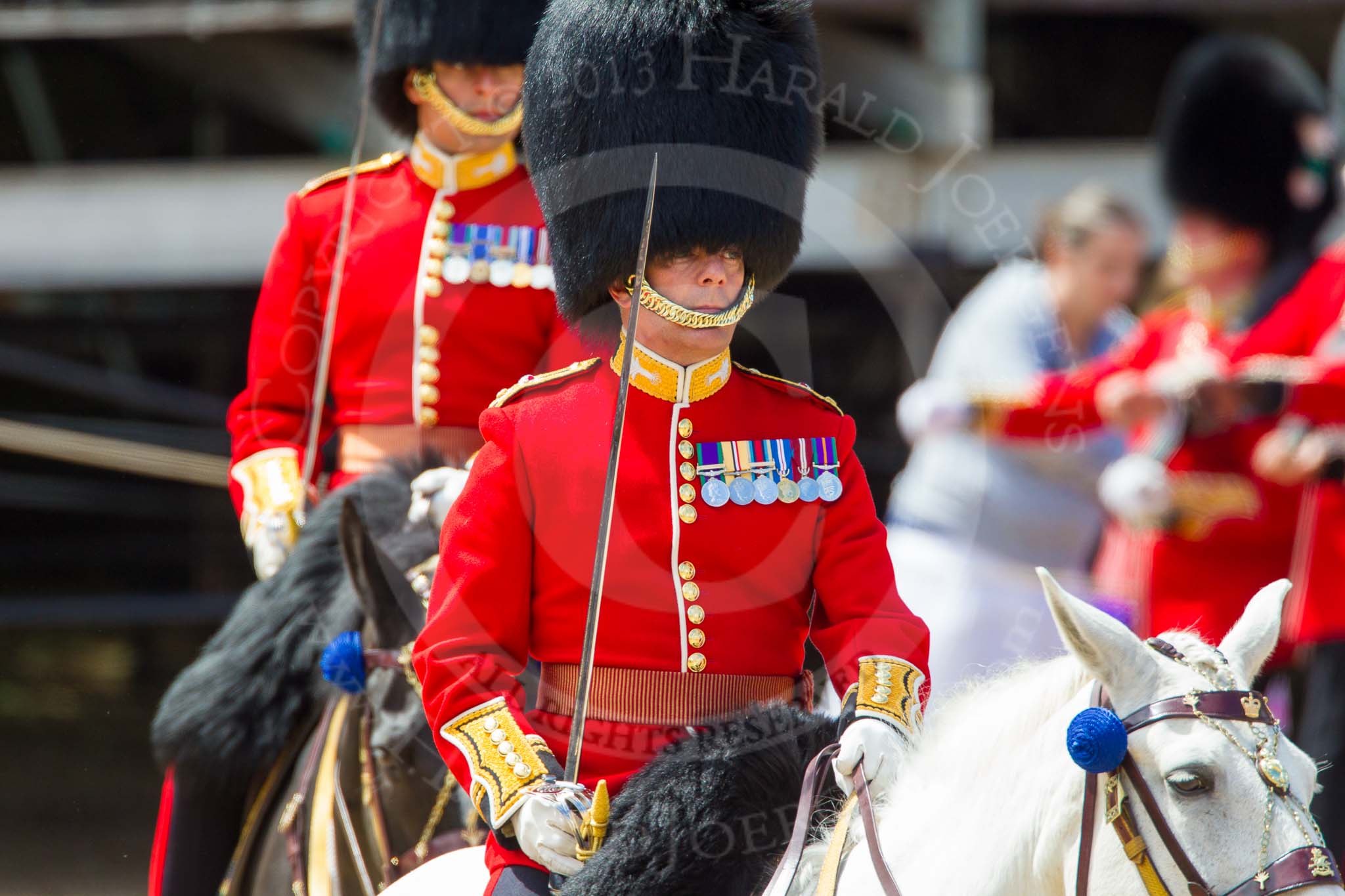 The Colonel's Review 2013: The March Past in Quick Time - the Major of the Parade, Major H G C Bettinson, Welsh Guards, and the Field Officer in Brigade Waiting, Lieutenant Colonel Dino Bossi, Welsh Guards..
Horse Guards Parade, Westminster,
London SW1,

United Kingdom,
on 08 June 2013 at 11:42, image #684
