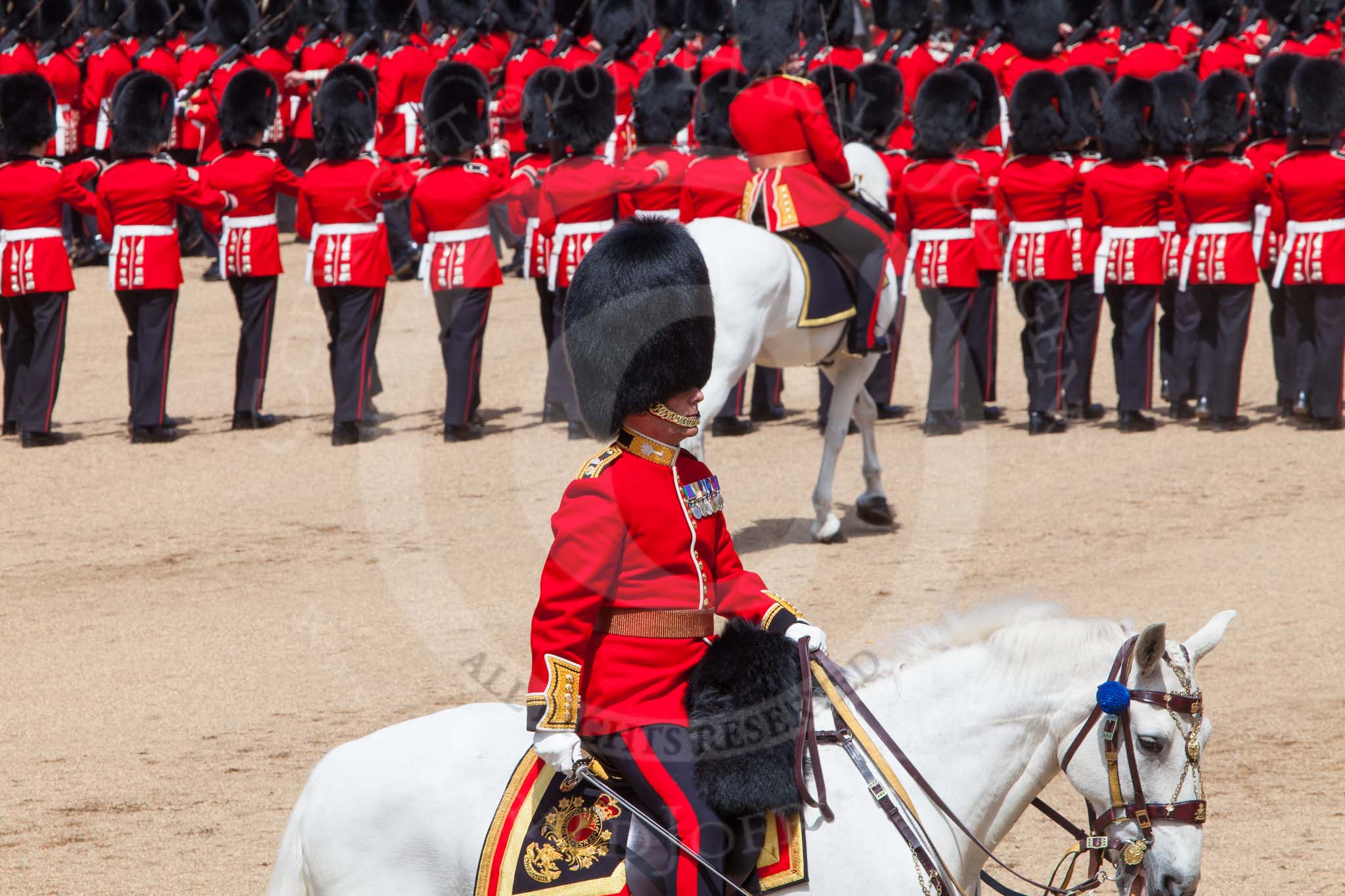 The Colonel's Review 2013: The Field Officer in Brigade Waiting, Lieutenant Colonel Dino Bossi, Welsh Guards, saluting Her Majesty during the March Past in Quick Time..
Horse Guards Parade, Westminster,
London SW1,

United Kingdom,
on 08 June 2013 at 11:45, image #699