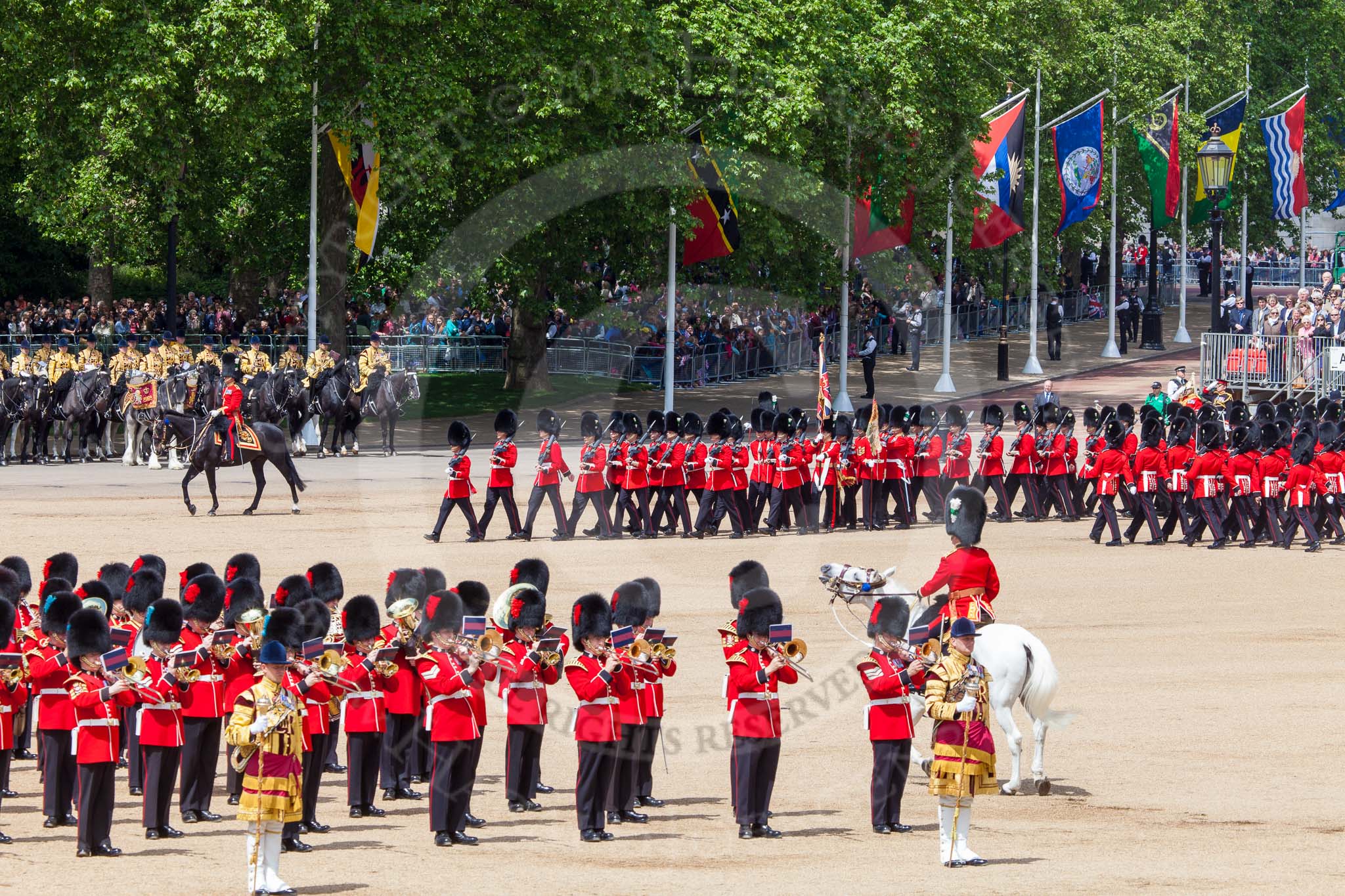 The Colonel's Review 2013: The March Past in Quick Time. No. 1 Guard, the Escort to the Colour,1st Battalion Welsh Guards,  marching along the Mounted Bands of the Household Cavalry..
Horse Guards Parade, Westminster,
London SW1,

United Kingdom,
on 08 June 2013 at 11:46, image #703