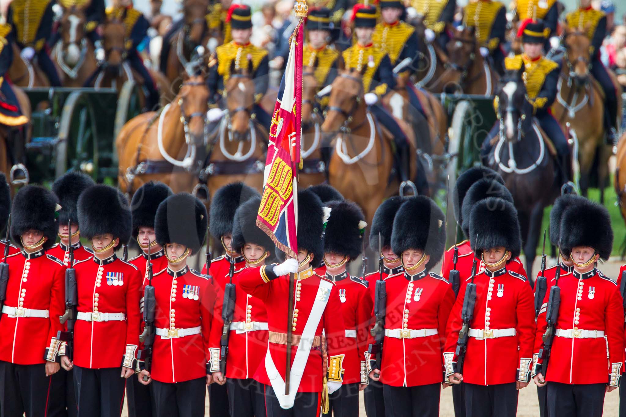 The Colonel's Review 2013: No. 1 Guard (Escort for the Colour),1st Battalion Welsh Guards at the end of the March Past in Quick Time..
Horse Guards Parade, Westminster,
London SW1,

United Kingdom,
on 08 June 2013 at 11:49, image #712