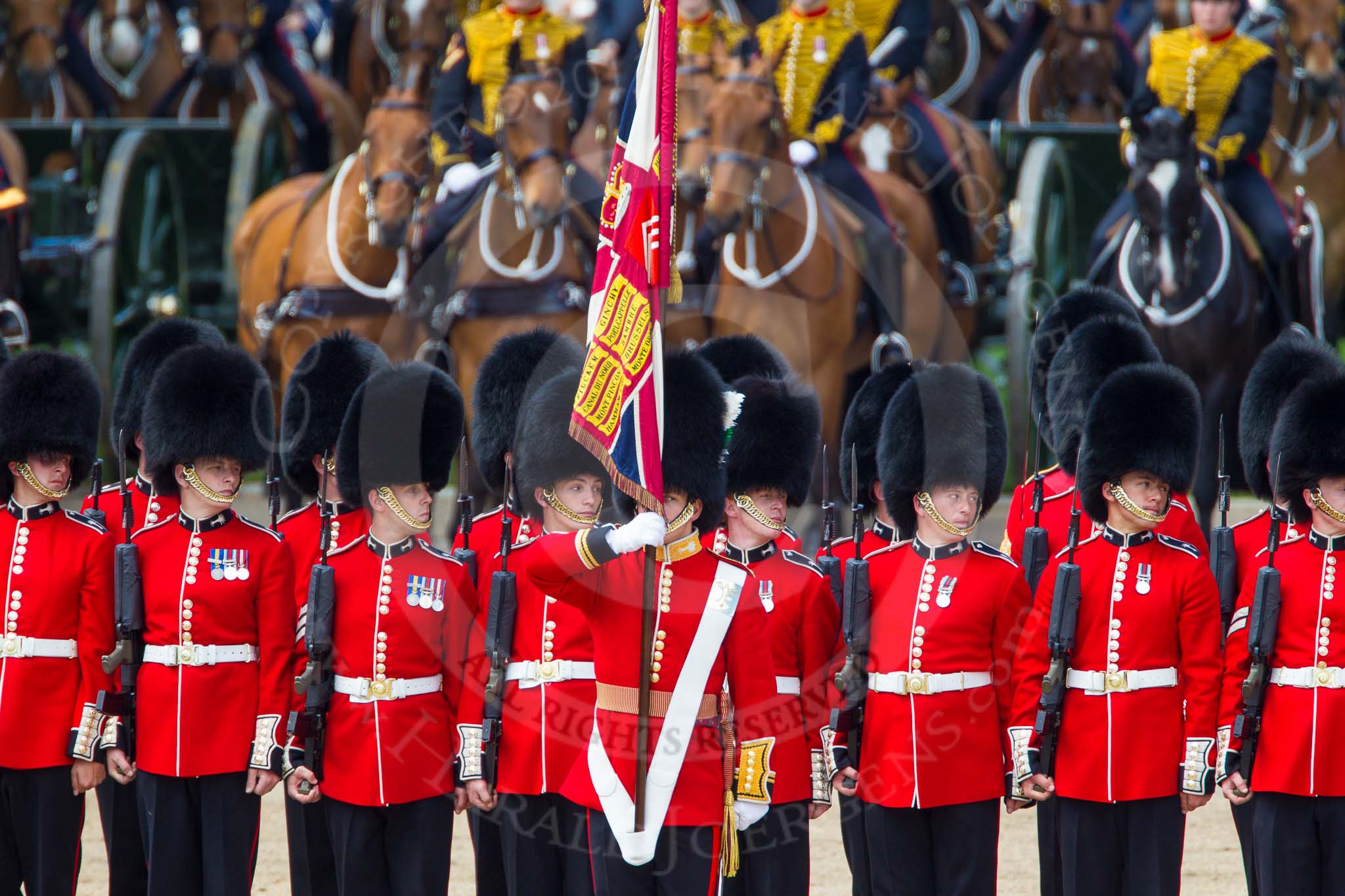 The Colonel's Review 2013: No. 1 Guard (Escort for the Colour),1st Battalion Welsh Guards at the end of the March Past in Quick Time..
Horse Guards Parade, Westminster,
London SW1,

United Kingdom,
on 08 June 2013 at 11:49, image #713