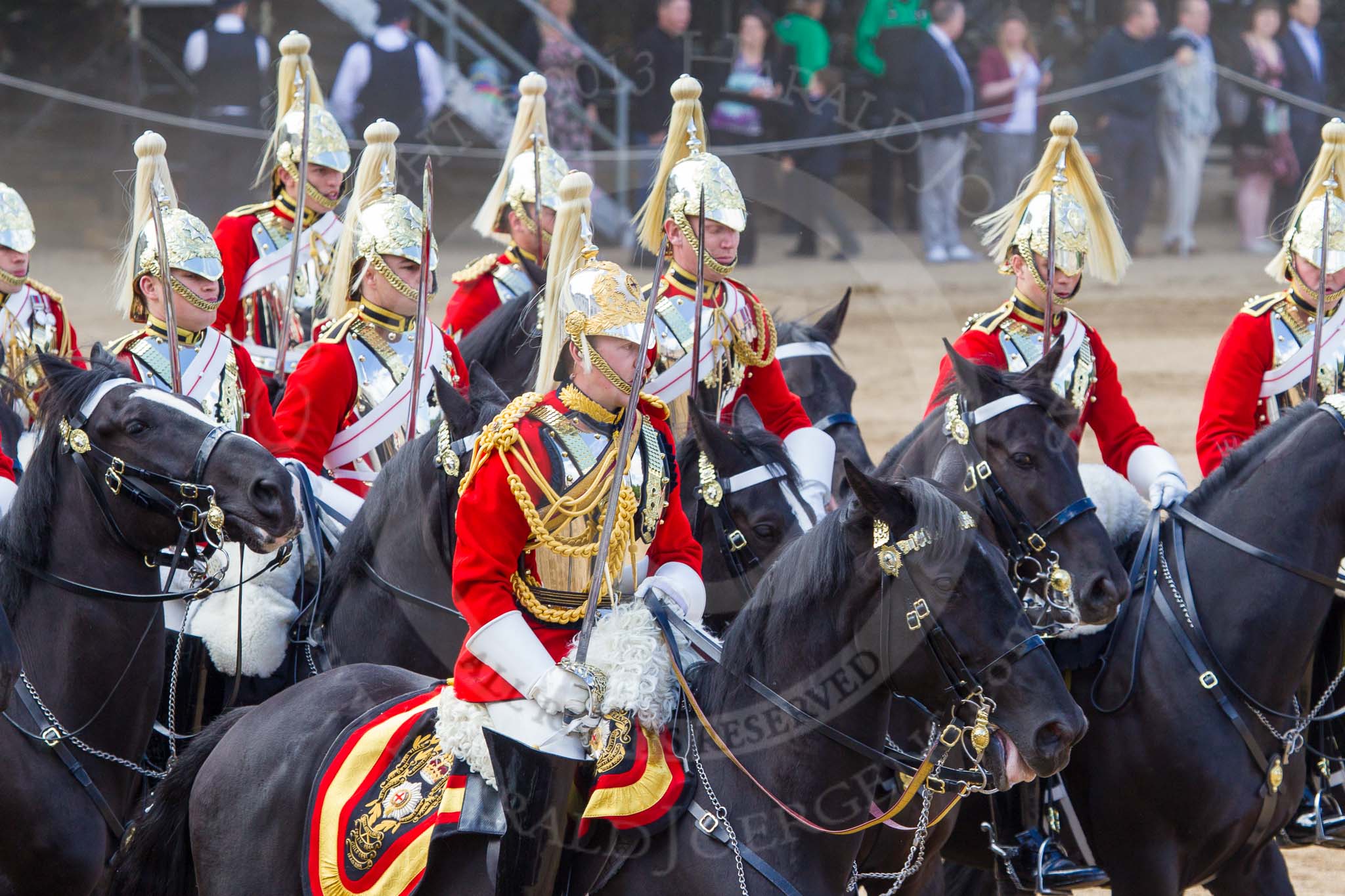 The Colonel's Review 2013: The First and Second Divisions of the Sovereign's Escort, The Life Guards, during the Ride Past..
Horse Guards Parade, Westminster,
London SW1,

United Kingdom,
on 08 June 2013 at 11:57, image #778