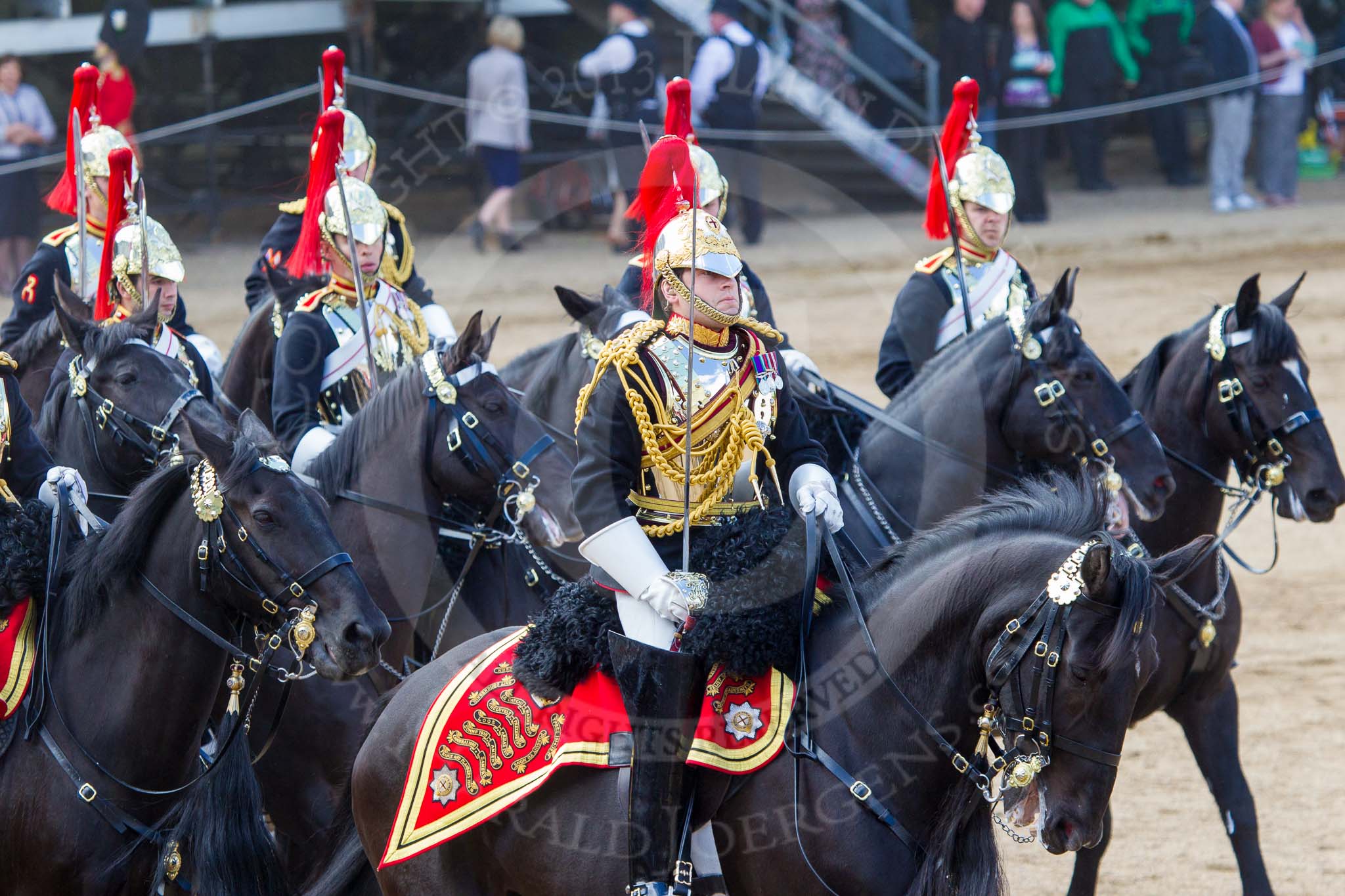The Colonel's Review 2013: The Third and Forth Divisions of the Sovereign's Escort, The Blues and Royals, during the Ride Past..
Horse Guards Parade, Westminster,
London SW1,

United Kingdom,
on 08 June 2013 at 11:57, image #779