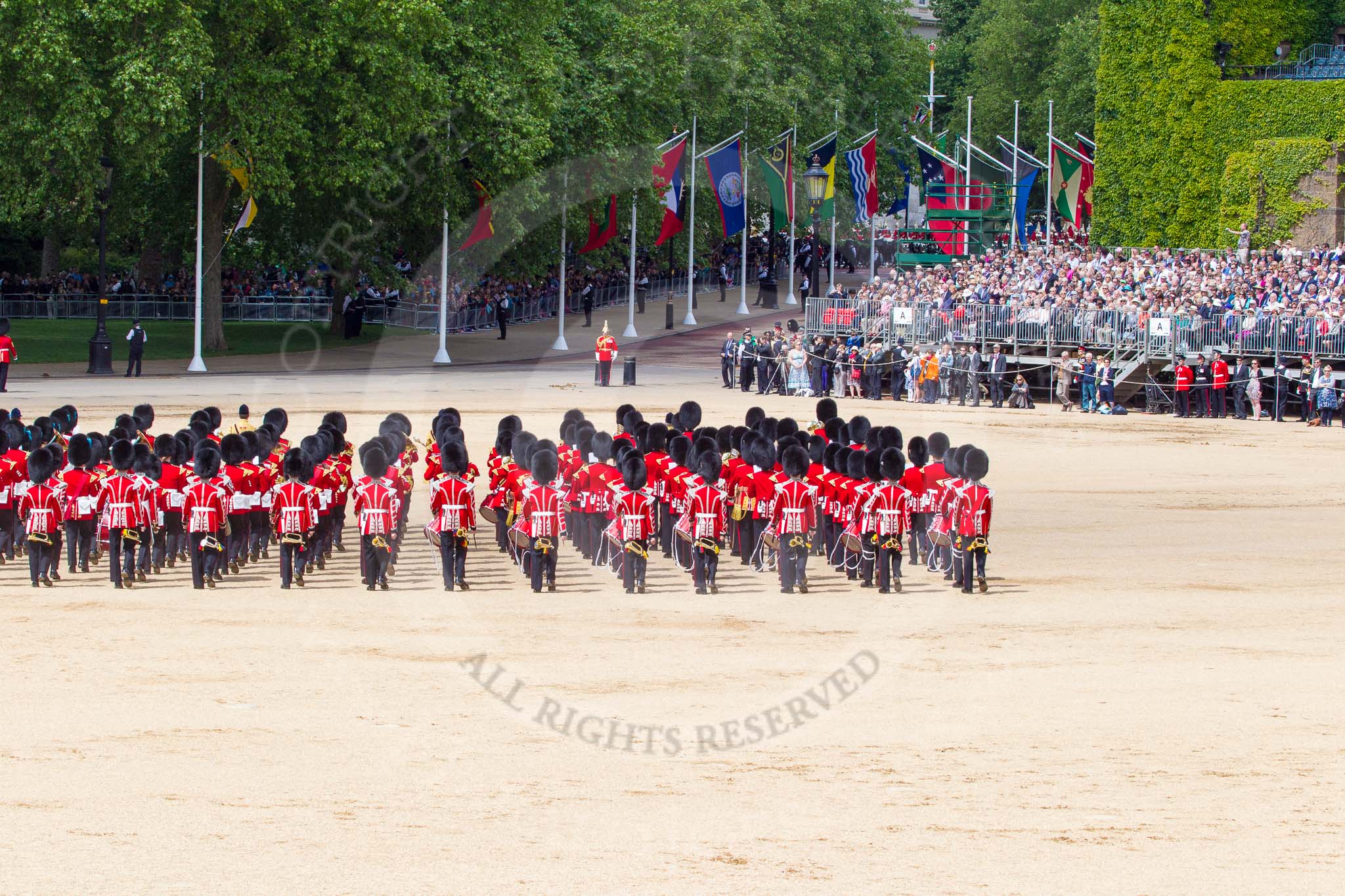 The Colonel's Review 2013: The March Off - the Massed Bands are leaving towards The Mall, followed by the glass coach accying HM The Queen and HRH The Duke of Kent. Behind the glass coach the Royal Colonels..
Horse Guards Parade, Westminster,
London SW1,

United Kingdom,
on 08 June 2013 at 12:09, image #842