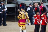 The Colonel's Review 2013: Drum Major Tony Taylor, Coldstream Guards, leading the Band of the Irish Guards past the Band of the Coldstream Guards that had arrived before..
Horse Guards Parade, Westminster,
London SW1,

United Kingdom,
on 08 June 2013 at 10:18, image #70
