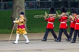The Colonel's Review 2013: Drum Major Stephen Staite, Grenadier Guards, leading the third of the guards bands, the Band of the Scots Guards, onto Horse Guards Parade..
Horse Guards Parade, Westminster,
London SW1,

United Kingdom,
on 08 June 2013 at 10:24, image #81