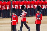 The Colonel's Review 2013: Welsh Guards Drummer approaching Colour Sergeant R J Heath, Welsh Guards, carrying the Colour and the two sentries..
Horse Guards Parade, Westminster,
London SW1,

United Kingdom,
on 08 June 2013 at 10:32, image #138