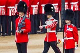 The Colonel's Review 2013: Welsh Guards Drummer approaching Colour Sergeant R J Heath, Welsh Guards, carrying the Colour and the two sentries..
Horse Guards Parade, Westminster,
London SW1,

United Kingdom,
on 08 June 2013 at 10:32, image #139