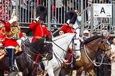 The Colonel's Review 2013: The Silver Stick Adjutant and Foot Guards Regimental Adjutants - Lieutenant Colonel H S J Scott, The Life Guards, Major G V A Baker. Grenadier Guards, and Lieutenant Colonel A W Foster, Scots Guards, saluting the Colour..
Horse Guards Parade, Westminster,
London SW1,

United Kingdom,
on 08 June 2013 at 11:00, image #288
