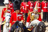 The Colonel's Review 2013: The Non-Royal Colonels, Colonel Coldstream Guards General Sir James Bucknall and Gold Stick in Waiting and Colonel Life Guards, Field Marshal the Lord Guthrie of Craigiebank in focus. Major General Commanding the Household Division and General Officer Commanding London District, Major George Norton at the back..
Horse Guards Parade, Westminster,
London SW1,

United Kingdom,
on 08 June 2013 at 11:06, image #404