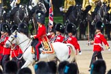 The Colonel's Review 2013: No. 1 Guard (Escort for the Colour),1st Battalion Welsh Guards, at the beginning of the March Past in Quick Time. Behind them the Mounted Bands of the Household Cavalry. The Field Officer appears from the right to return to the head of the march past..
Horse Guards Parade, Westminster,
London SW1,

United Kingdom,
on 08 June 2013 at 11:40, image #675