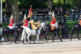 The Colonel's Review 2013: The Household Cavalry is marching off, led by the Field Officer of the Escort, Major Nick Stewart, The Life Guards, followed by the Trumpeter, Standard Bearer, and Standard Coverer..
Horse Guards Parade, Westminster,
London SW1,

United Kingdom,
on 08 June 2013 at 12:05, image #816