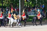 The Colonel's Review 2013: The Household Cavalry is marching off, led by the Field Officer of the Escort, Major Nick Stewart, The Life Guards, followed by the Trumpeter, Standard Bearer, and Standard Coverer..
Horse Guards Parade, Westminster,
London SW1,

United Kingdom,
on 08 June 2013 at 12:05, image #817
