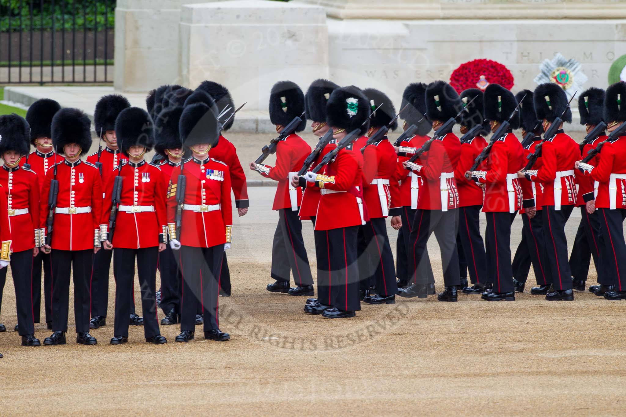 Major General's Review 2013: No. 3 Guard, 1st Battalion Welsh Guards, is opening a gap in the line for members of the Royal Family to arrive..
Horse Guards Parade, Westminster,
London SW1,

United Kingdom,
on 01 June 2013 at 10:43, image #183