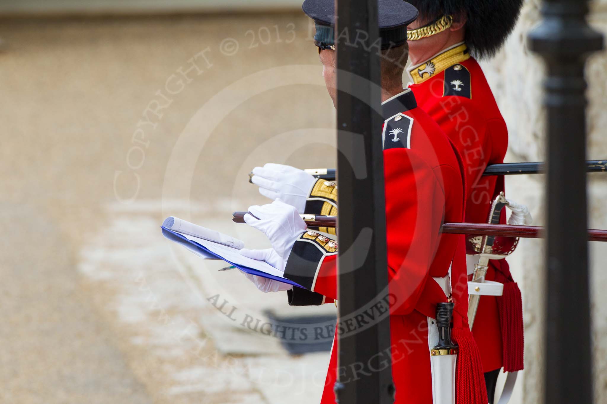 Major General's Review 2013: Two Welsh Guards officers ready to take notes about the Major General's Review..
Horse Guards Parade, Westminster,
London SW1,

United Kingdom,
on 01 June 2013 at 10:48, image #195