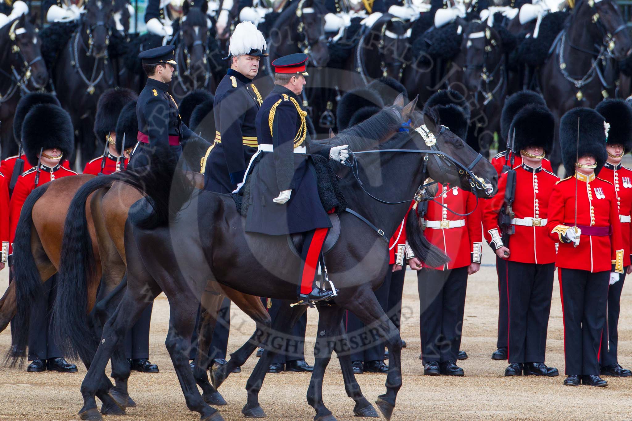 Major General's Review 2013: The Silver-Stick-in-Waiting, Colonel Stuart Cowen, The Blues and Royals, the Chief of Staff, Colonel Hugh Bodington, Welsh Guards, and Aide-de-Camp, Captain John James Hathaway-White, Grenadier Guards, during the Inspection of the Line..
Horse Guards Parade, Westminster,
London SW1,

United Kingdom,
on 01 June 2013 at 11:03, image #297