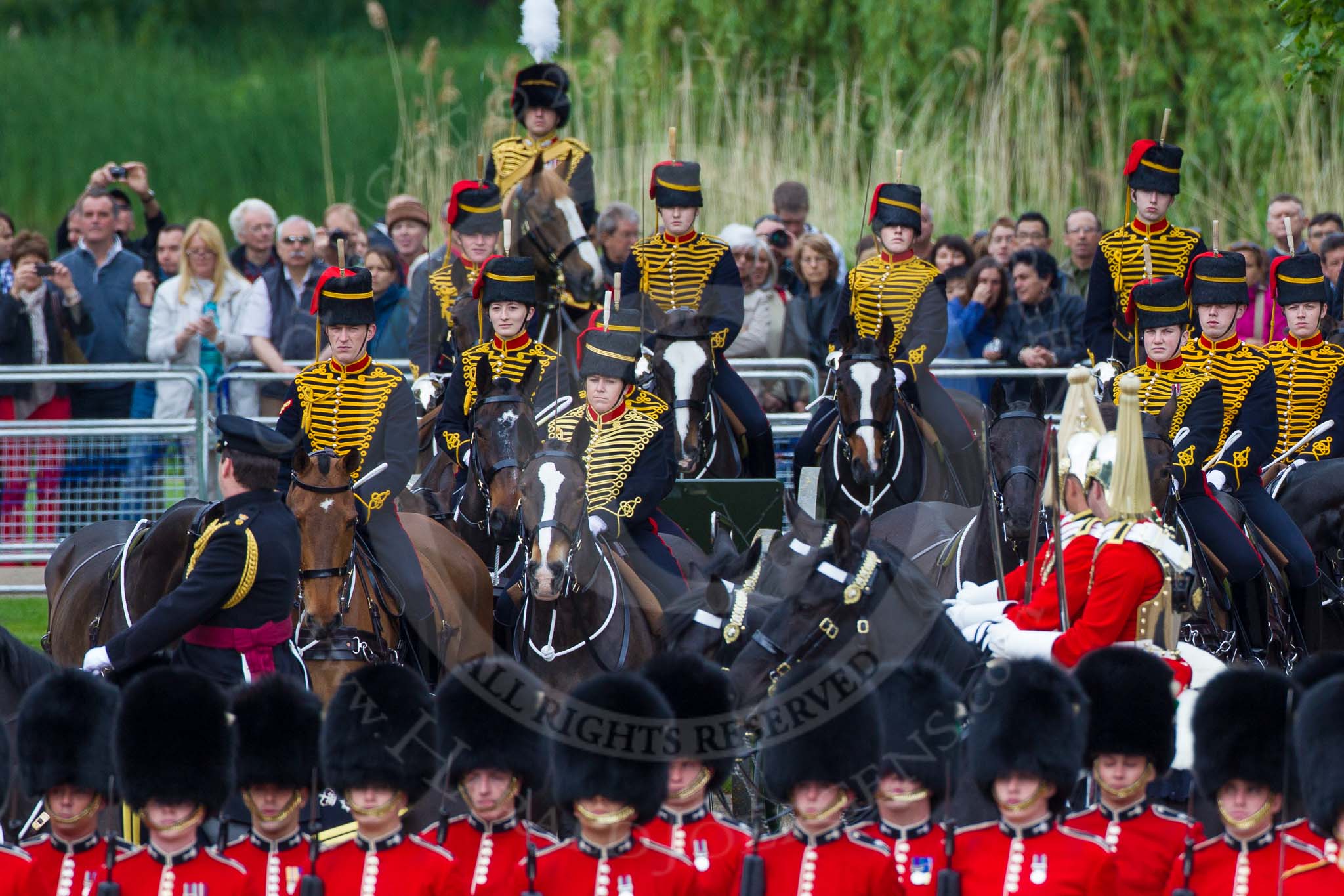 Major General's Review 2013: The Brigade Major Household Division Lieutenant Colonel Simon Soskin, Grenadier Guards, followed by the four Troopers of The Life Guard,during the Inspection of the Line..
Horse Guards Parade, Westminster,
London SW1,

United Kingdom,
on 01 June 2013 at 11:04, image #301