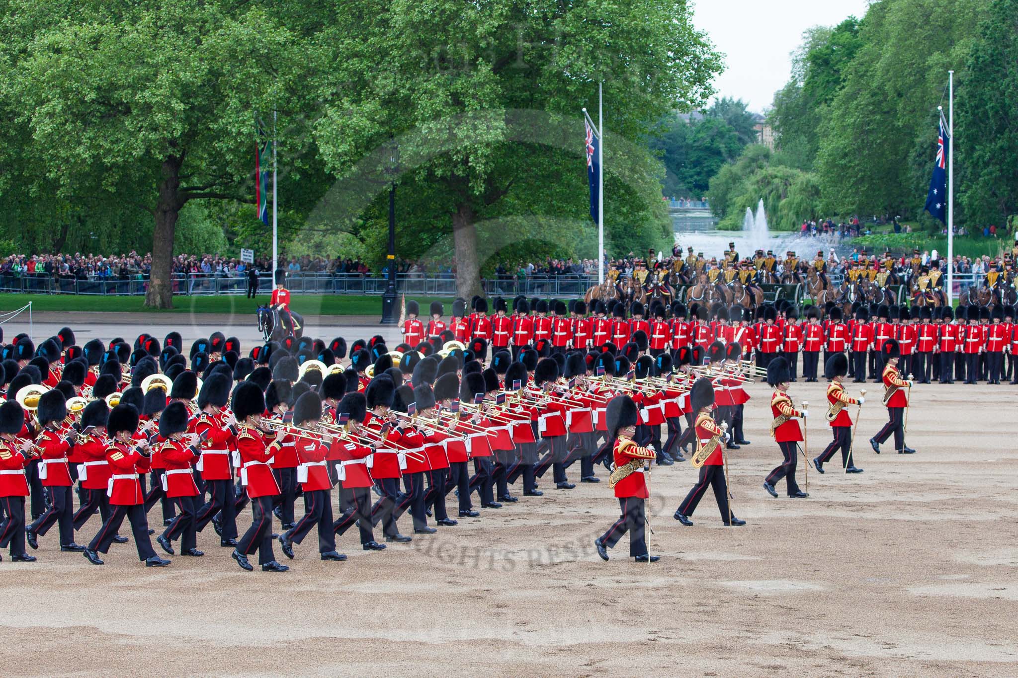 Photo 1306011107295D27027HaraldJoergens Major General's Review 2013: The Massed Band Troop begins with the slow march - the Waltz from Les Huguenots. No. 1 Guard, the Escort for the Colour with the Ensign in the centre, and the King's Troop Royal Horse Artillery can be seen on top of the image..
Horse Guards Parade, Westminster,
London SW1,
United Kingdom,
on 01 June 2013 at 11:07, image #312
