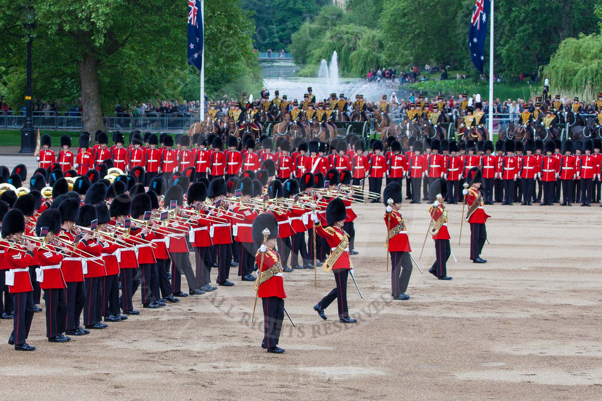Photo 1306011107305D27028HaraldJoergens Major General's Review 2013: The Massed Band Troop begins with the slow march - the Waltz from Les Huguenots. No. 1 Guard, the Escort for the Colour with the Ensign in the centre, and the King's Troop Royal Horse Artillery can be seen on top of the image..
Horse Guards Parade, Westminster,
London SW1,
United Kingdom,
on 01 June 2013 at 11:07, image #313
