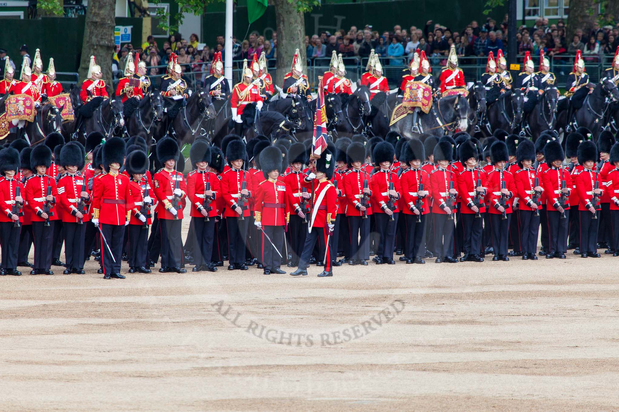 Major General's Review 2013: The Escort to the Colour troops the Colour past No. 5 Guard, F Company Scots Guards..
Horse Guards Parade, Westminster,
London SW1,

United Kingdom,
on 01 June 2013 at 11:24, image #428