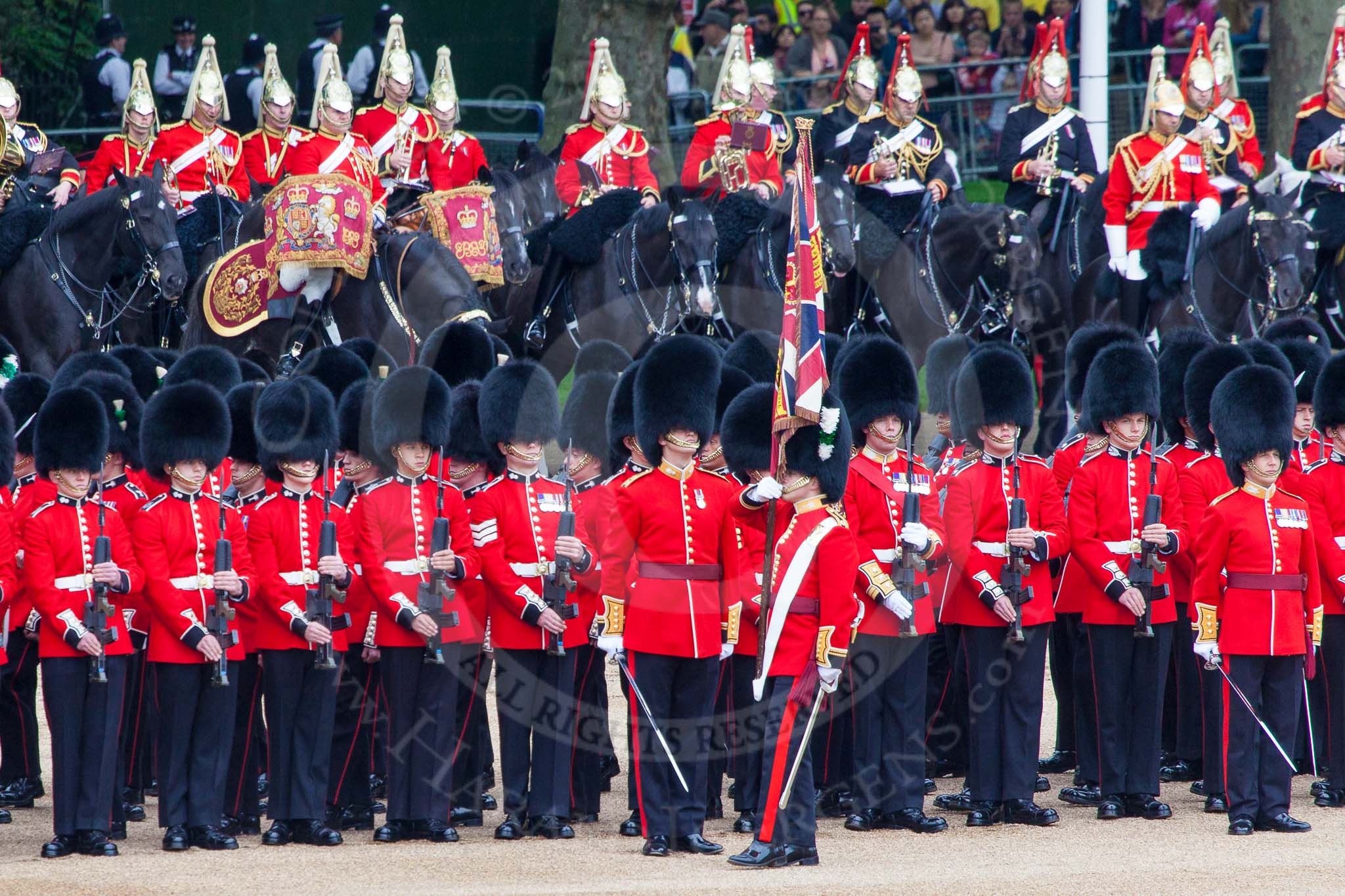 Major General's Review 2013: The Escort to the Colour troops the Colour past No. 5 Guard, F Company Scots Guards..
Horse Guards Parade, Westminster,
London SW1,

United Kingdom,
on 01 June 2013 at 11:24, image #430