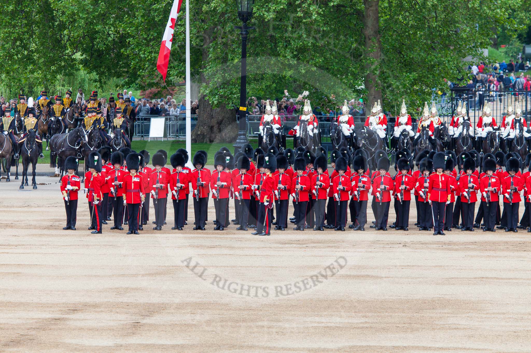 Major General's Review 2013: The Escort to the Colour has trooped the Colour past No. 2 Guard, 1st Battalion Welsh Guards, and is now almost back to their initial position, when they were the Escort for the Colour..
Horse Guards Parade, Westminster,
London SW1,

United Kingdom,
on 01 June 2013 at 11:25, image #435