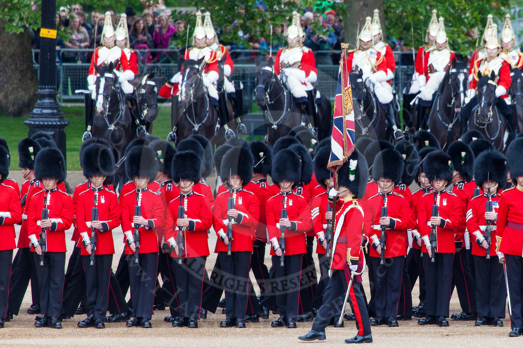 Major General's Review 2013: The Escort to the Colour has trooped the Colour past No. 2 Guard, 1st Battalion Welsh Guards, and is now almost back to their initial position, when they were the Escort for the Colour..
Horse Guards Parade, Westminster,
London SW1,

United Kingdom,
on 01 June 2013 at 11:25, image #436