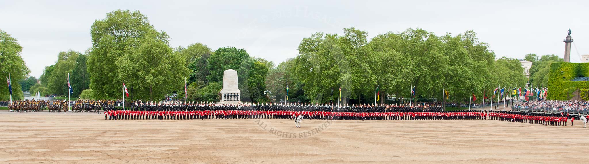 Major General's Review 2013: Wide angle overview of Horse Guards Parade.The Escort to the Colour troops the Colour past Guards..
Horse Guards Parade, Westminster,
London SW1,

United Kingdom,
on 01 June 2013 at 11:24, image #431