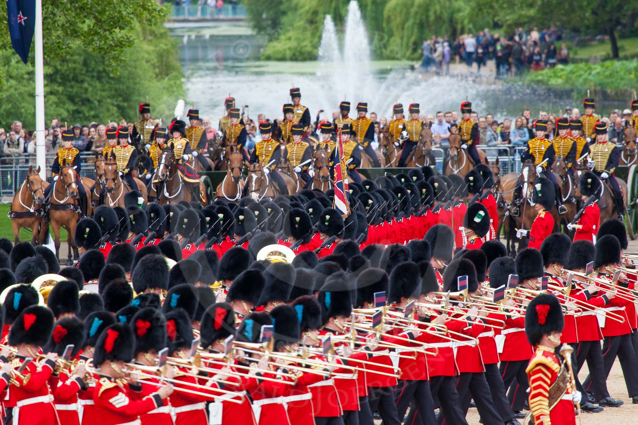 Major General's Review 2013: No. 1 Guard (Escort to the Colour),1st Battalion Welsh Guards, at the begin of the March Past..
Horse Guards Parade, Westminster,
London SW1,

United Kingdom,
on 01 June 2013 at 11:29, image #455