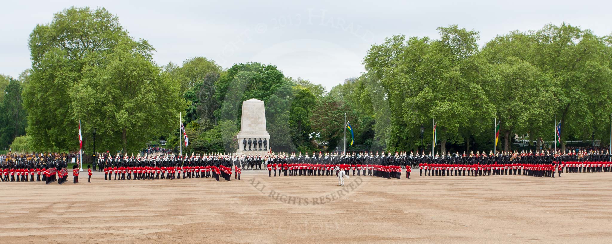 Major General's Review 2013: Wide angle overview of Horse Guards Parade before the March Past - the line of guardsmen changes back into review formation..
Horse Guards Parade, Westminster,
London SW1,

United Kingdom,
on 01 June 2013 at 11:28, image #447