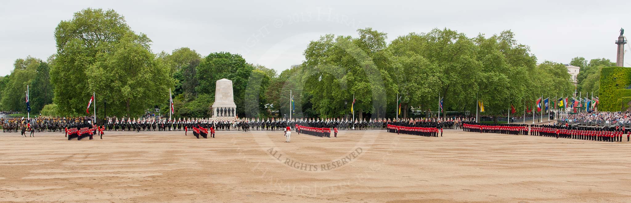 Major General's Review 2013: Wide angle overview of Horse Guards Parade before the March Past - the line of guardsmen changes back into review formation..
Horse Guards Parade, Westminster,
London SW1,

United Kingdom,
on 01 June 2013 at 11:28, image #449
