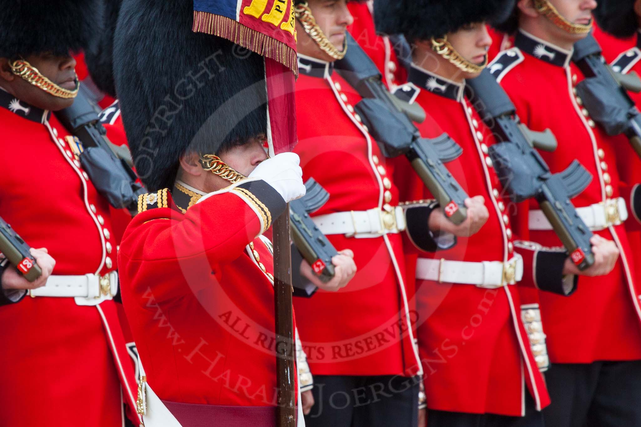 Major General's Review 2013: The March Past in Slow Time - the Ensign, Second Lieutenant Joel Dinwiddle, in front of No. 1 Guard, the Escort to the Colour..
Horse Guards Parade, Westminster,
London SW1,

United Kingdom,
on 01 June 2013 at 11:33, image #483