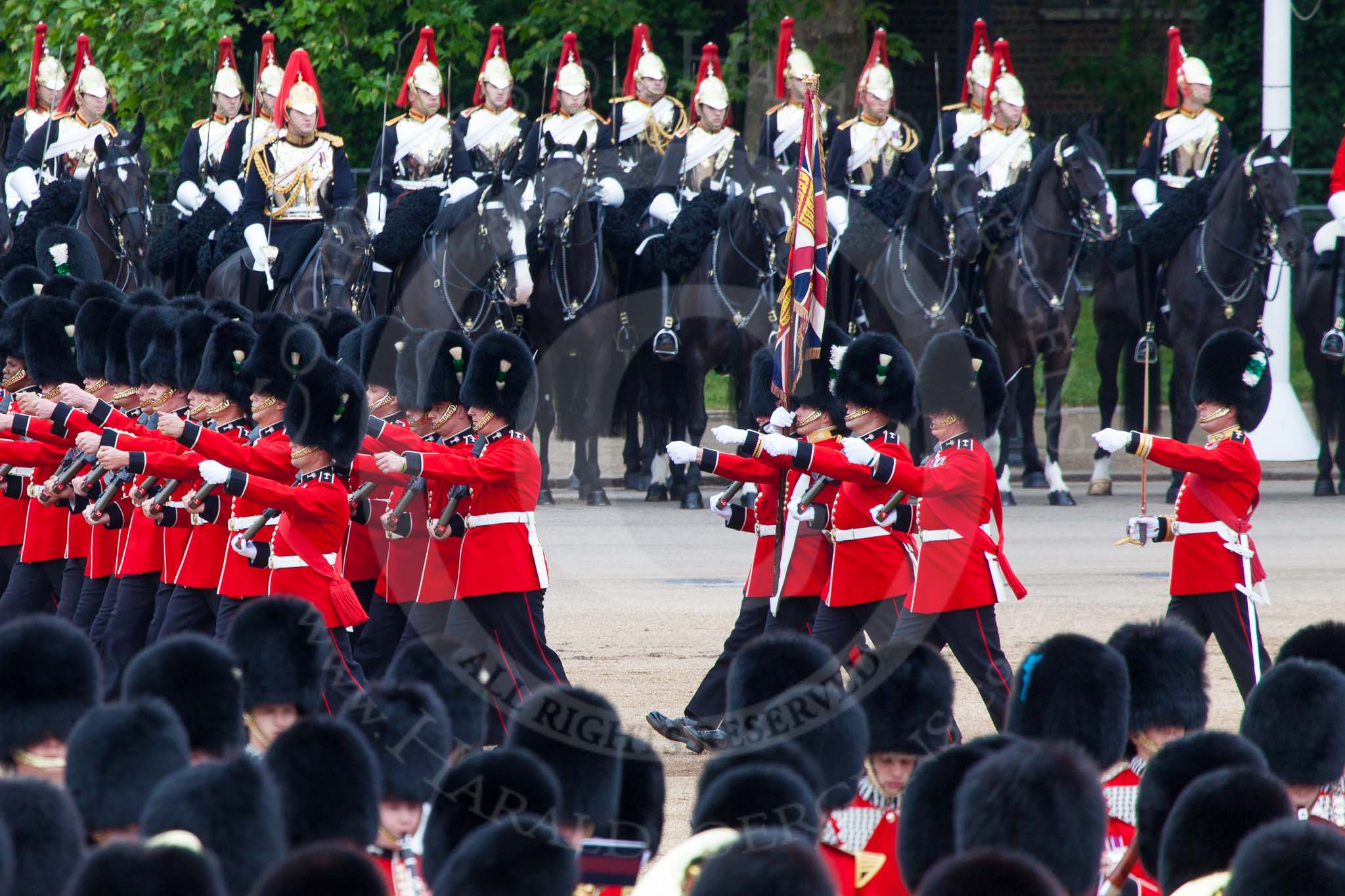 Photo 1306011139315D27339HaraldJoergens Major General's Review 2013: No. 1 Guard (Escort for the Colour),1st Battalion Welsh Guards, at the beginning of the March Past in Quick Time..
Horse Guards Parade, Westminster,
London SW1,
United Kingdom,
on 01 June 2013 at 11:39, image #524