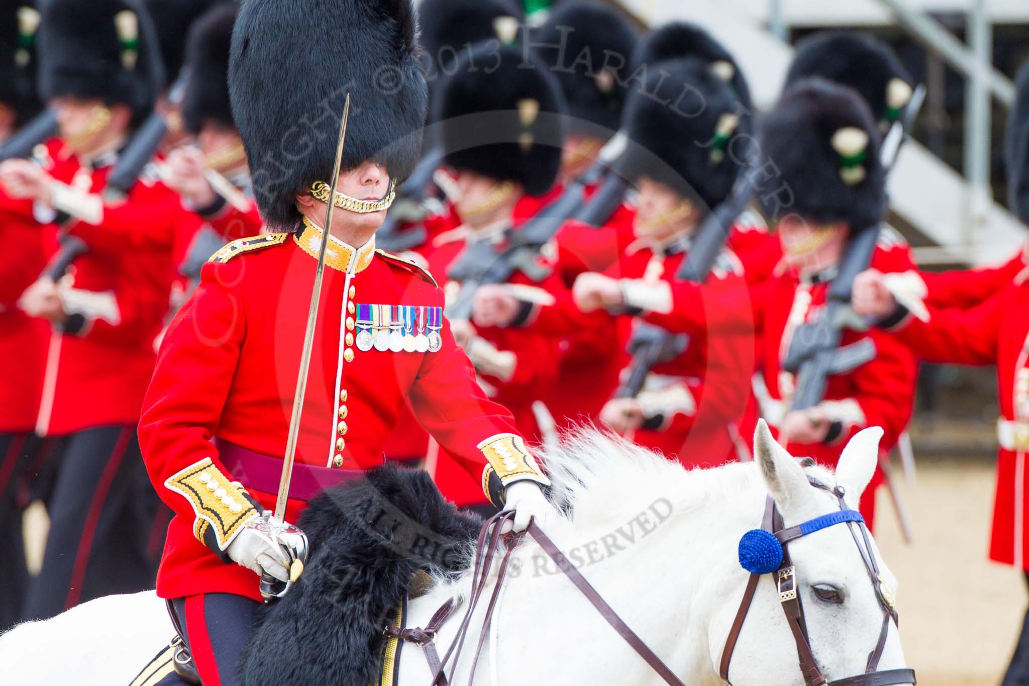 Photo 1306011141351D44112HaraldJoergens Major General's Review 2013: The March Past in Quick Time-The Field Officer in Brigade Waiting, Lieutenant Colonel Dino Bossi, Welsh Guards..
Horse Guards Parade, Westminster,
London SW1,
United Kingdom,
on 01 June 2013 at 11:42, image #535