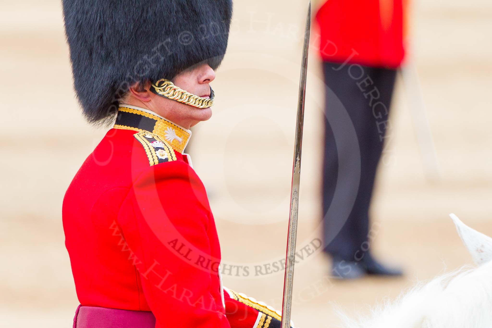 Major General's Review 2013: Field Officer in Brigade Waiting, Lieutenant Colonel Dino Bossi, Welsh Guards during the March Past in Qucik Time..
Horse Guards Parade, Westminster,
London SW1,

United Kingdom,
on 01 June 2013 at 11:43, image #545