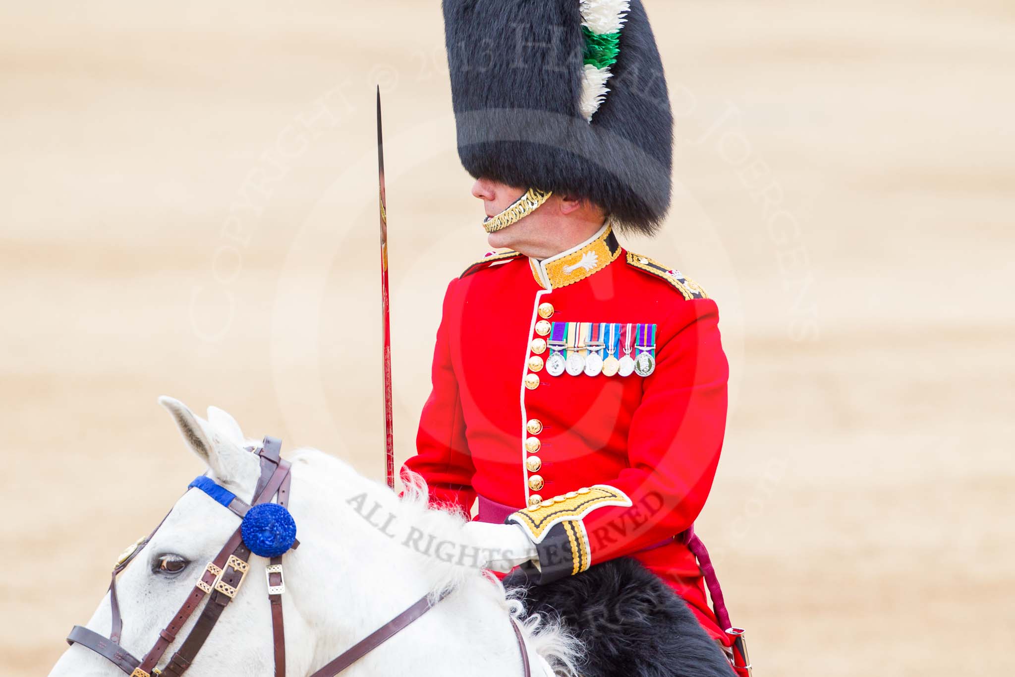 Major General's Review 2013: The Field Officer in Brigade Waiting, Lieutenant Colonel Dino Bossi, Welsh Guards, riding backwards after saluting Her Majesty during the March Past in Quick Time..
Horse Guards Parade, Westminster,
London SW1,

United Kingdom,
on 01 June 2013 at 11:45, image #555