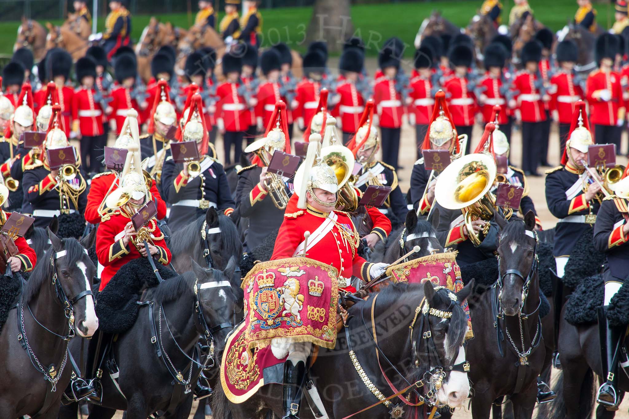 Major General's Review 2013: The Mounted Bands of the Household Cavalry during the Ride Past, with the kettle drummer from The Life Guards..
Horse Guards Parade, Westminster,
London SW1,

United Kingdom,
on 01 June 2013 at 11:54, image #635