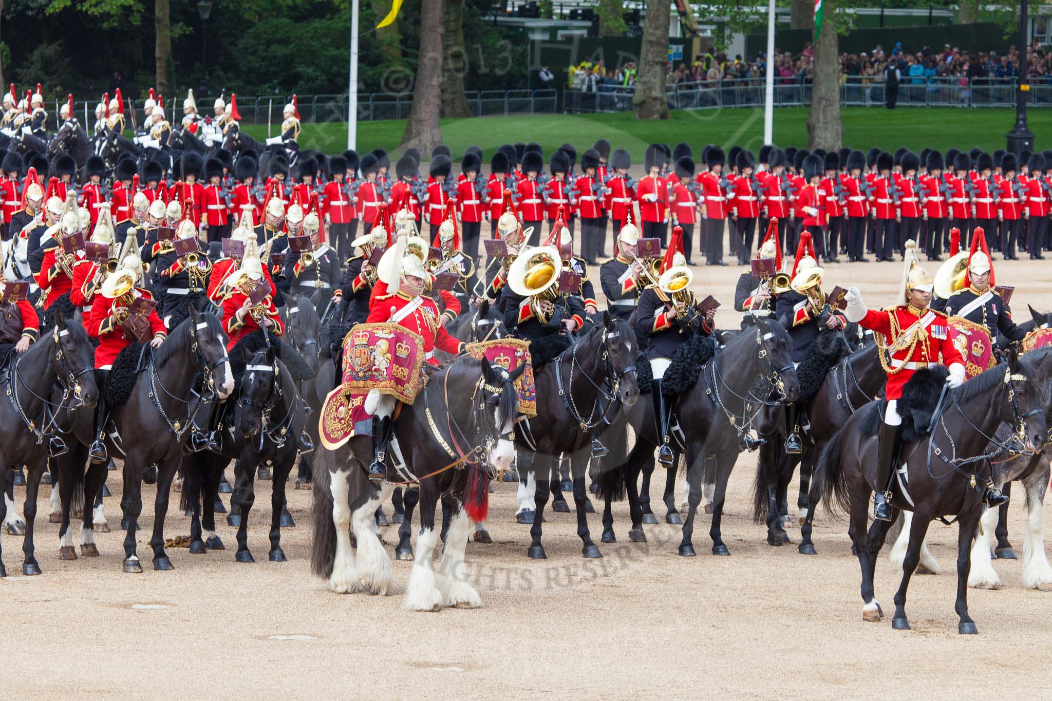 Major General's Review 2013: The Mounted Bands of the Household Cavalry during the Ride Past. The Director of Music of the Household Cavalry, Major Paul Wilman, The Life Guards..
Horse Guards Parade, Westminster,
London SW1,

United Kingdom,
on 01 June 2013 at 11:55, image #640