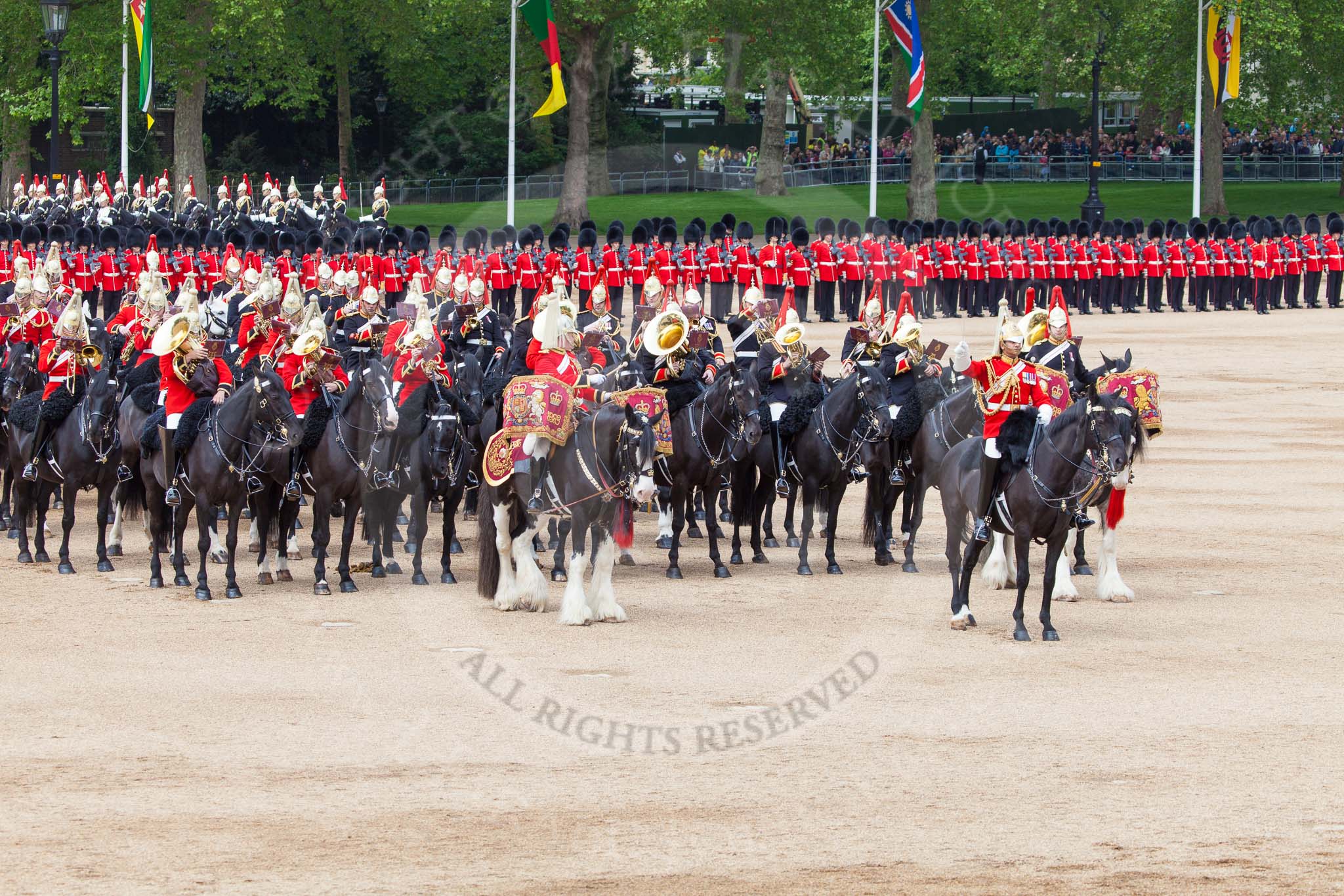 Major General's Review 2013: The Mounted Bands of the Household Cavalry during the Ride Past. The Director of Music of the Household Cavalry, Major Paul Wilman, The Life Guards..
Horse Guards Parade, Westminster,
London SW1,

United Kingdom,
on 01 June 2013 at 11:55, image #641