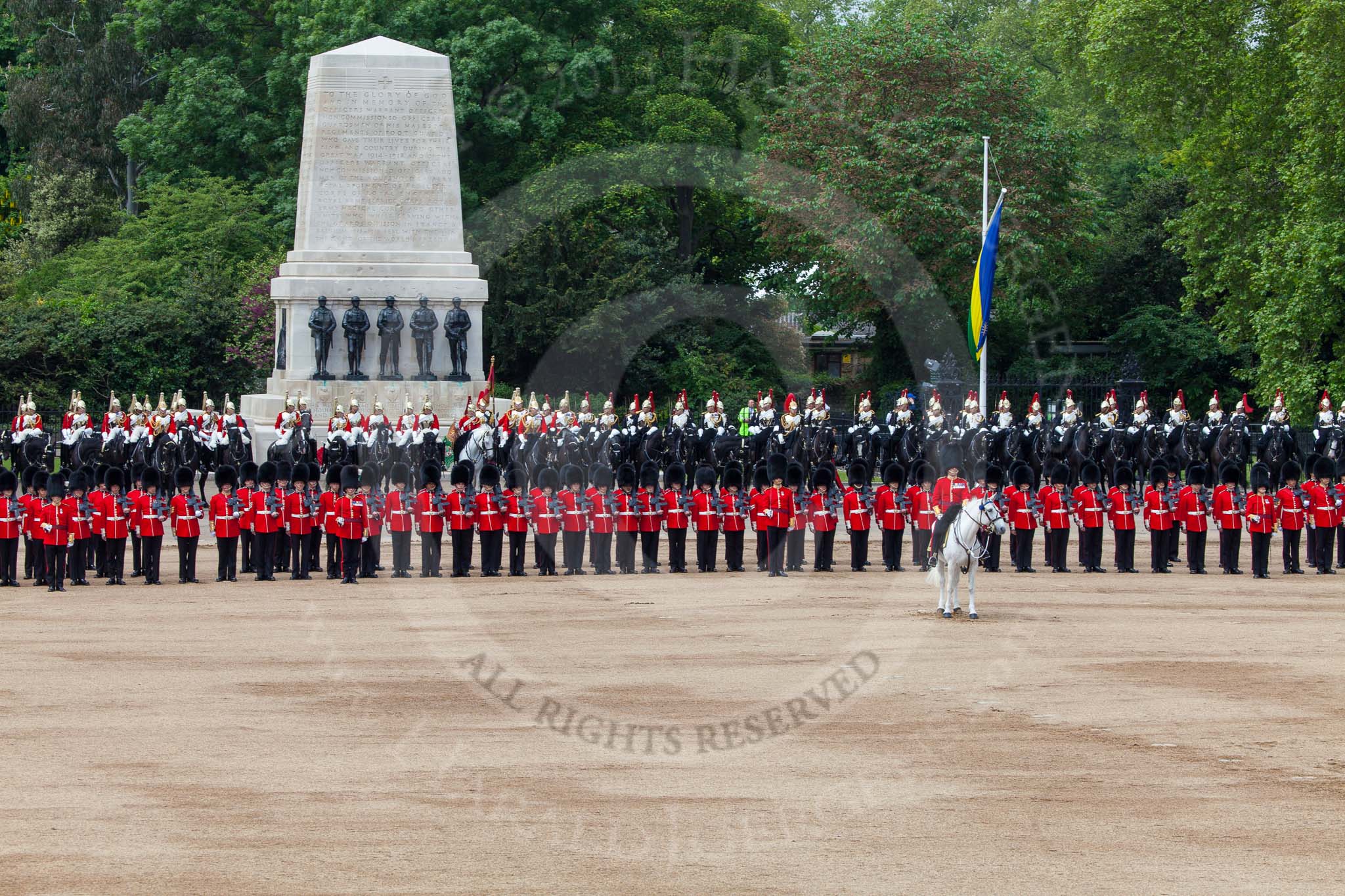Major General's Review 2013: A wide angle overview of Horse Guards Parade after the Ride Past. The Household Cavalry is returning to their initial positions below the flags, next to St James's Park..
Horse Guards Parade, Westminster,
London SW1,

United Kingdom,
on 01 June 2013 at 11:59, image #668