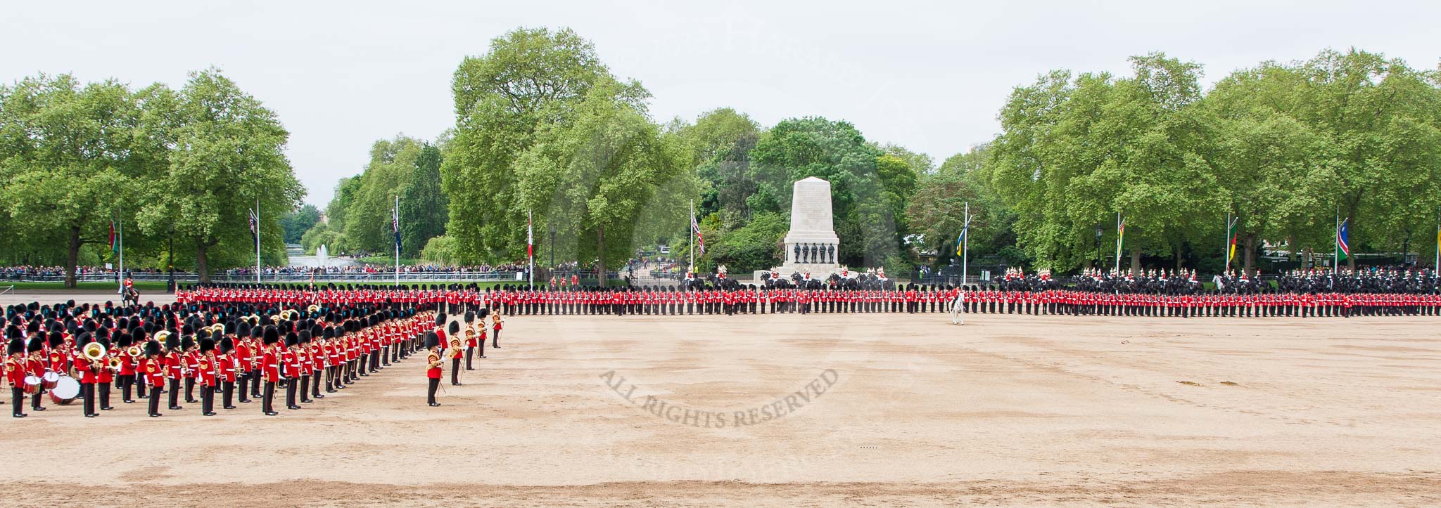 Major General's Review 2013: A wide angle overview of Horse Guards Parade after the Ride Past. The Household Cavalry is returning to their initial positions below the flags, next to St James's Park..
Horse Guards Parade, Westminster,
London SW1,

United Kingdom,
on 01 June 2013 at 11:58, image #667
