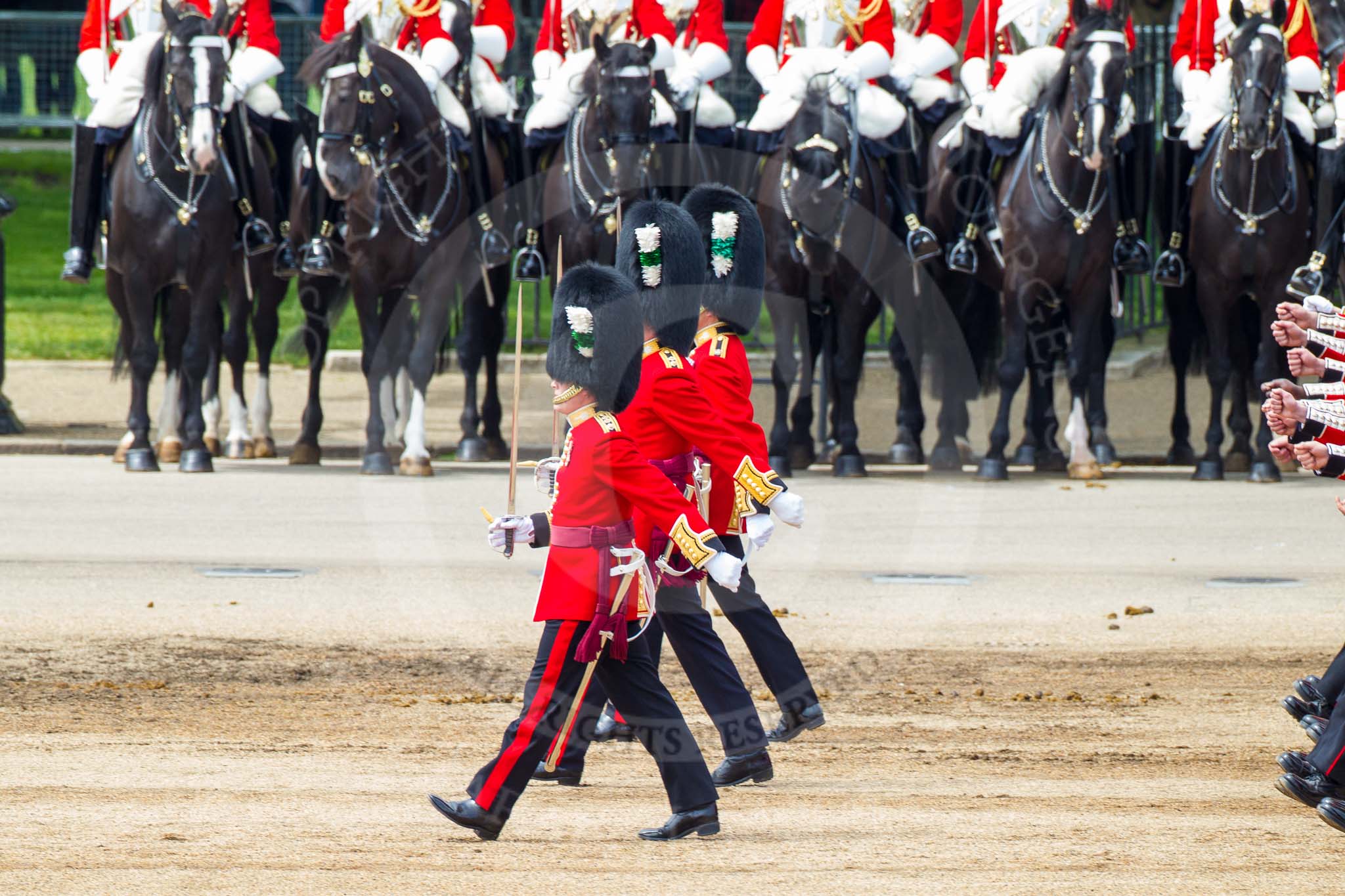 Major General's Review 2013: The six guards divisions have changed direction. Behind them, the Household Cavalry is leaving their position to march off..
Horse Guards Parade, Westminster,
London SW1,

United Kingdom,
on 01 June 2013 at 12:03, image #682
