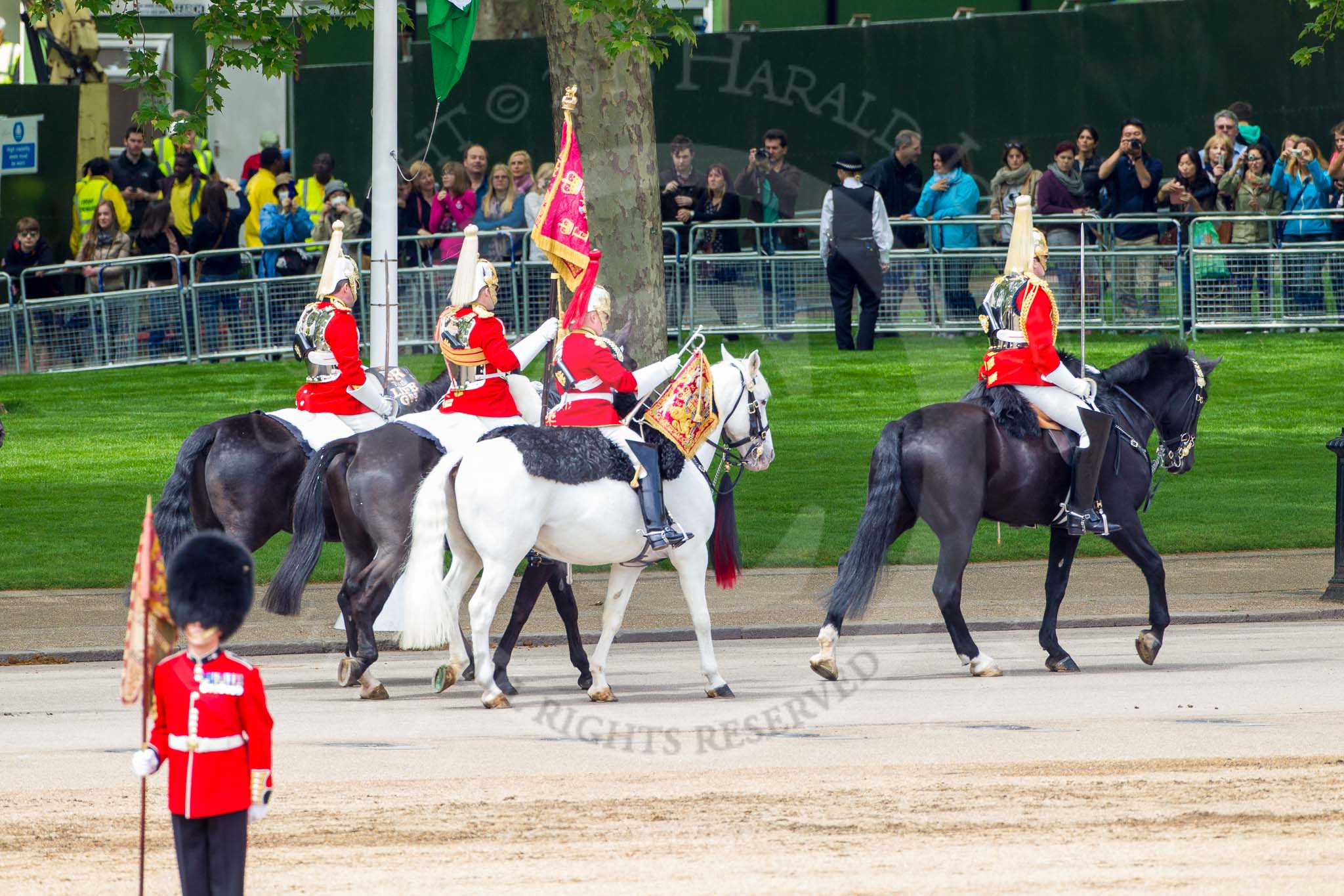 Major General's Review 2013: The Household Cavalry is marching off, led by the Field Officer of the Escort, Major Nick Stewart, The Life Guards, followed by the Trumpeter, Standard Bearer, Standard Coverer. and The Life Guards as first and second divisions of the Sovereign's Escort..
Horse Guards Parade, Westminster,
London SW1,

United Kingdom,
on 01 June 2013 at 12:03, image #690