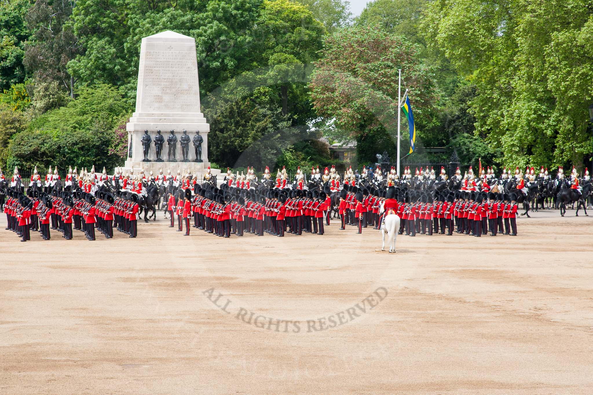 Major General's Review 2013: The Household Cavalry is marching off, led by the Field Officer of the Escort, Major Nick Stewart, The Life Guards, followed by the Trumpeter, Standard Bearer, Standard Coverer. and The Life Guards as first and second divisions of the Sovereign's Escort..
Horse Guards Parade, Westminster,
London SW1,

United Kingdom,
on 01 June 2013 at 12:03, image #687