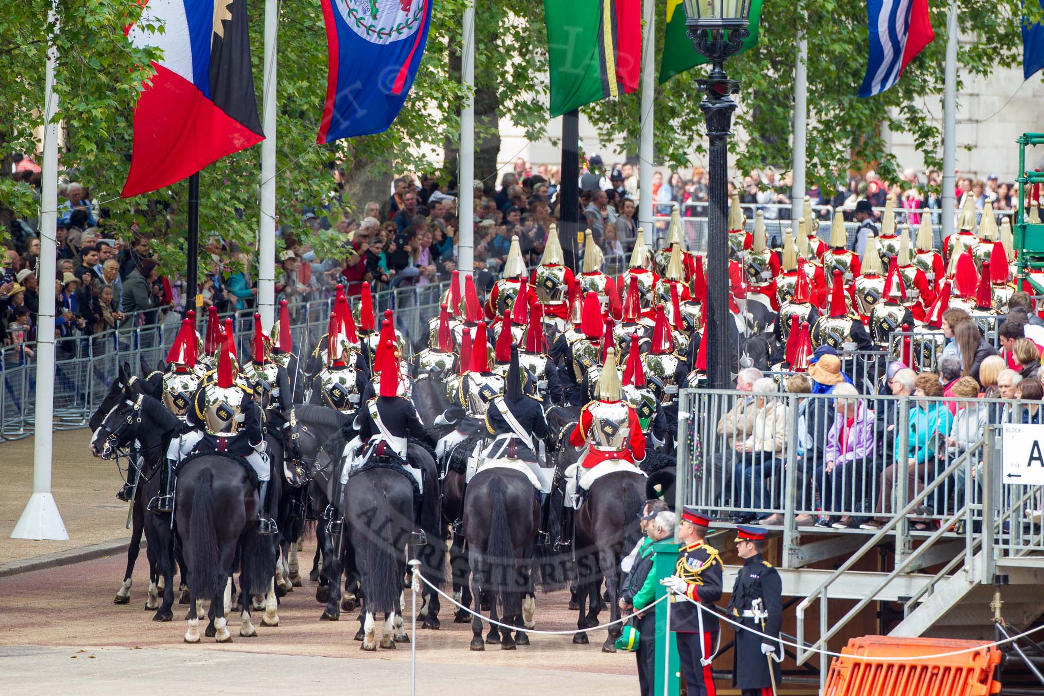 Major General's Review 2013: The Household Cavalry is marching off, The Life Guards, and behind them The Blues and Royals, on the way to The Mall..
Horse Guards Parade, Westminster,
London SW1,

United Kingdom,
on 01 June 2013 at 12:05, image #705
